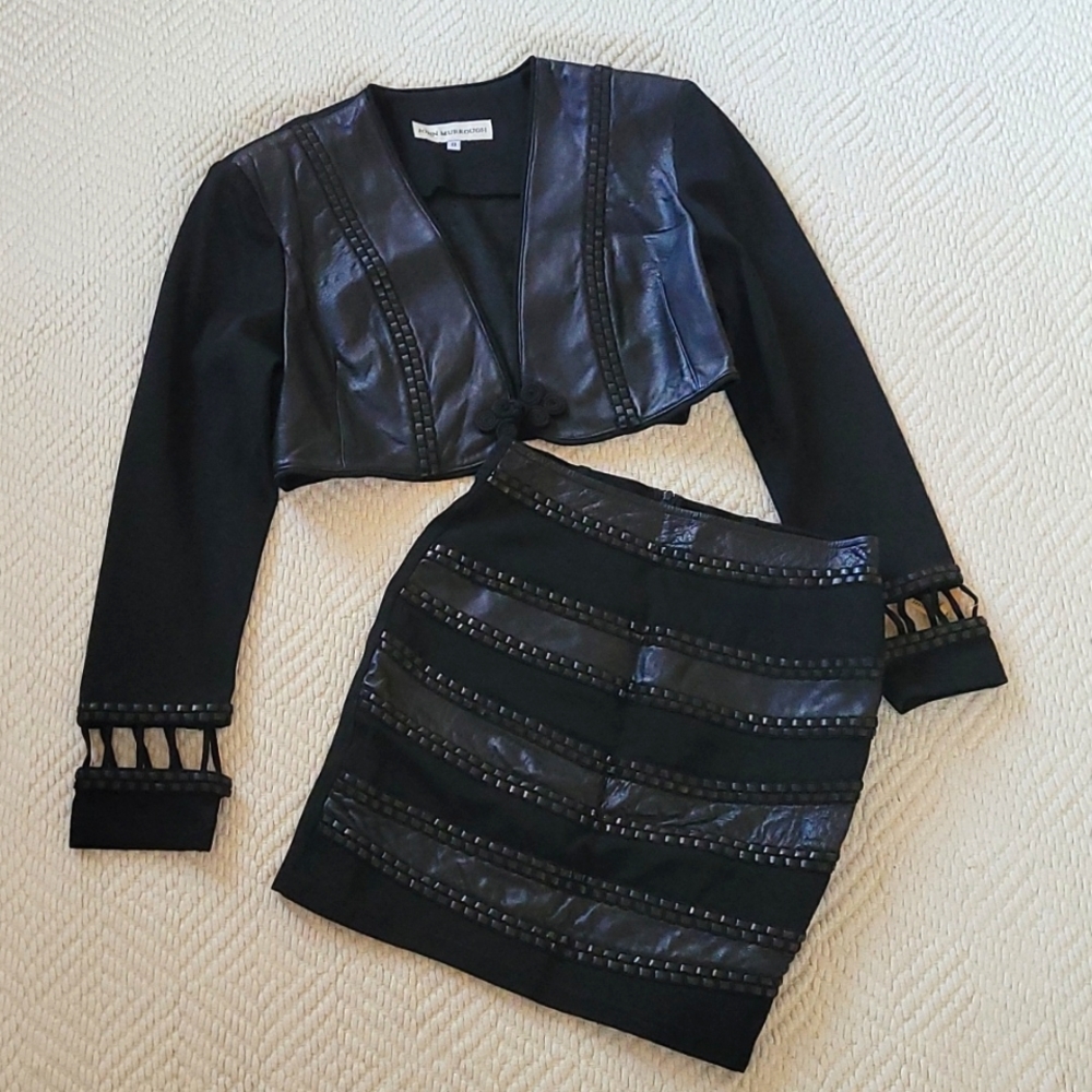 Vintage John Murrough Couture Leather Cropped Jacket and Mini Skirt